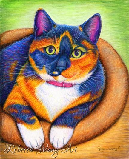 A colorful drawing of a calico cat in bright colors.