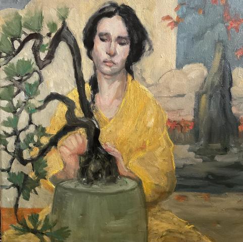 A white woman with dark hair wearing a yellow gold garment sits in front of a small barrel shaped celadon table with a large literati style evergreen bonsai uprooted to be replanted on it. Her hands are around the root ball. Behind her and on one section on the side is a scene of a tall rock, with maples in fall with orange leaves, and clouds. The background weaves between the foreground graphically with colors and shapes color blocking the piece subtly. Colors are a beige neutral, yellow gold, orange, celadon & shades of green, blues, greys, with dark black & brown. Painted in a modern, contemporary, expressive, realistic style.