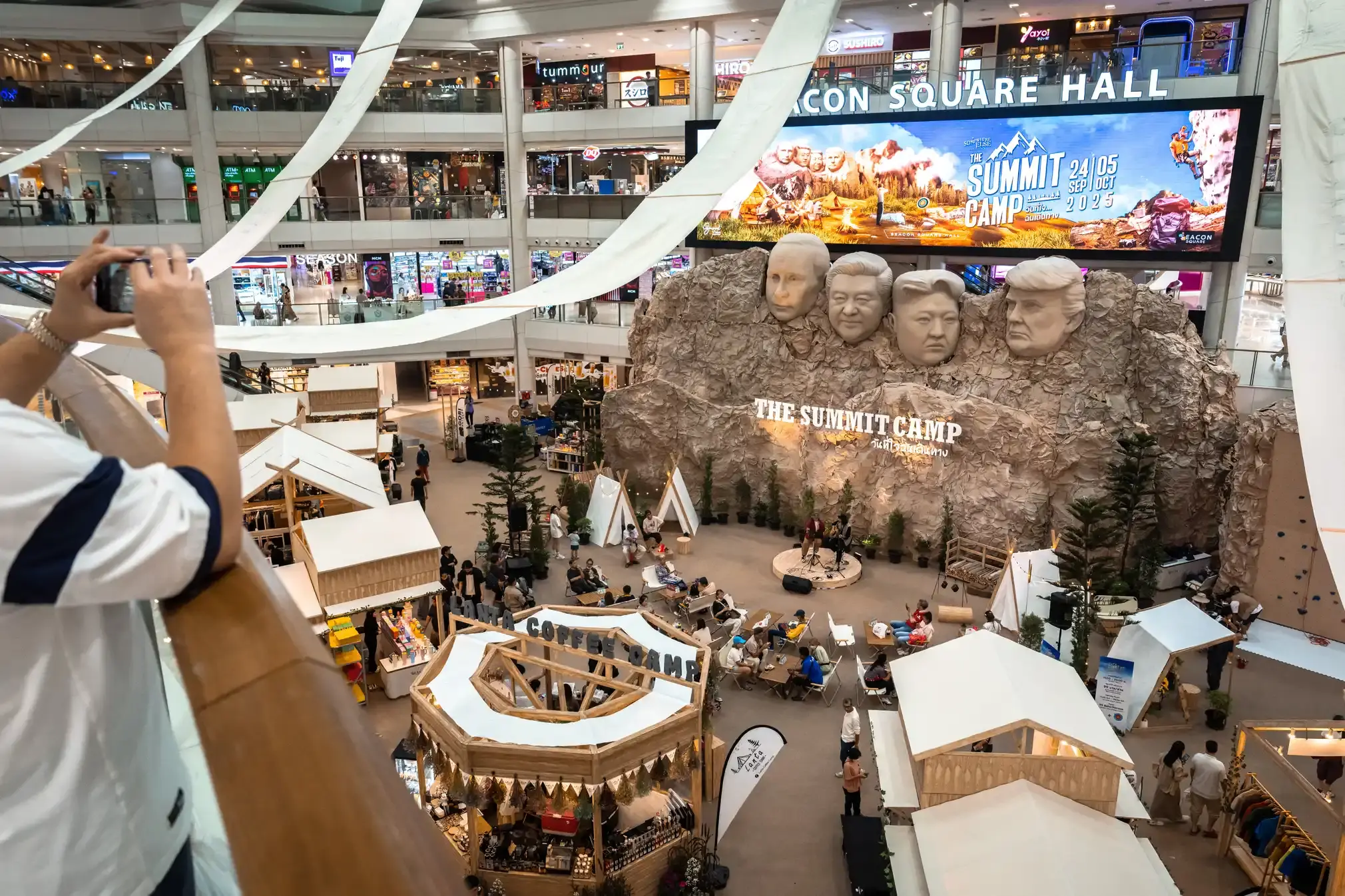 A parody of the Mount Rushmore sculpture depicting Vladimir Putin, Xi Jinping, Kim Jong-un and Donald Trump in a shopping centre, Bangkok.