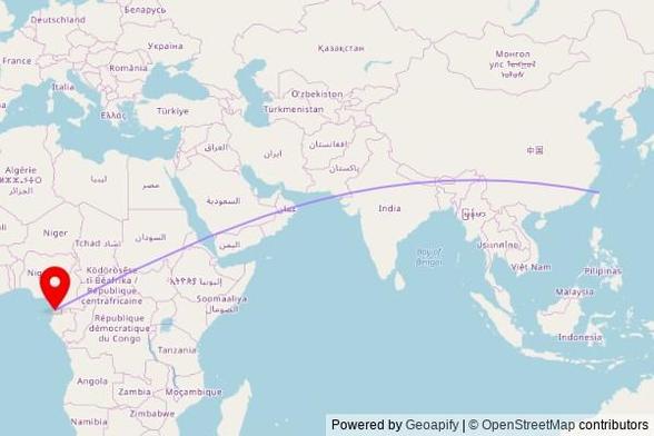 A map showing the great circle route from Keelung in Taiwan to a map pin at Iglesia de San Pedro, Carretera de Circunvalación de Bata, Bata, Equatorial Guinea