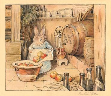 Cicely Parker the rabbit making cider from apples original pictuy from 1905.