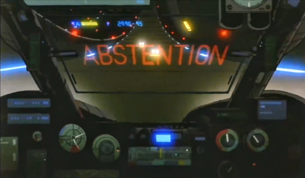 Anime screenshot of a cockpit of a hovercraft with the word ABSTENTION on the HUD