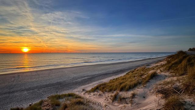 Sonnenuntergang an einem Nordseestrand mit goldenem Licht, das auf den Sandstrand und die Dünen geworfen wird. Das Foto wurde von einem erhöhten Platz in den Dünen aufgenommen. 