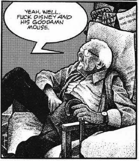 Panel from a Drew Friedman comic. An extremely old man is slumped in his chair. 