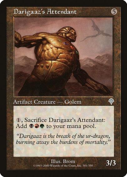 Card Name: Darigaaz's Attendant
Set: Invasion
Description: {1}, Sacrifice this creature: Add {B}{R}{G}.
Artist: Brom