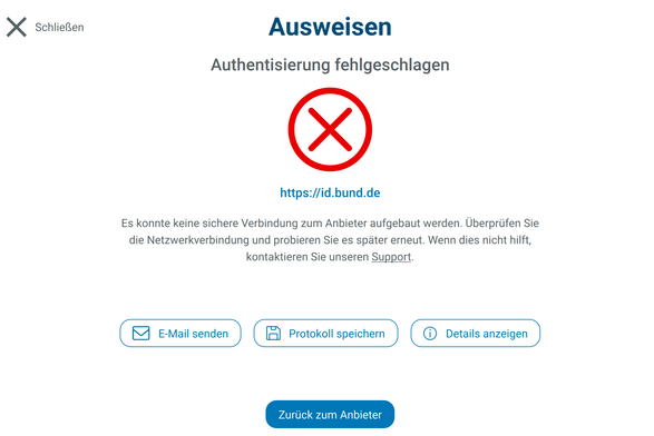 Fehlermeldung bei der Nutzung der Online-Ausweisfunktion, id.bund.de, 25.9.2025
