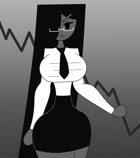 Fanart of atasticforreal's OC, the Office Lady, who appears ticked off; the line in the background is zig-zagging its way down (from left to right like a chart) as though something was performing or selling badly.