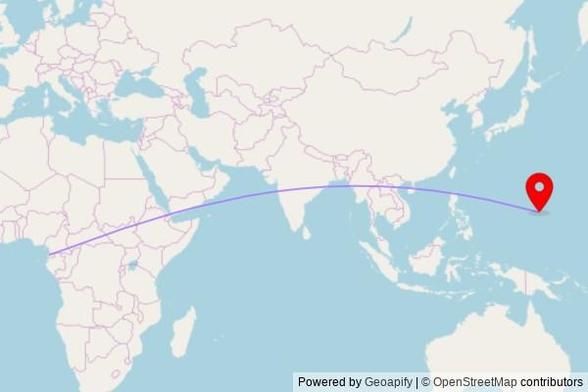 A map showing the great circle route from Bata in Equatorial Guinea to a map pin at Saint Anthony Catholic Church, Gumayuos Street, Tamuning, GU 96911, United States of America