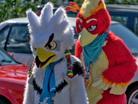Im Vordergrund ein Orni Fursuiter, im Hintergrund ein roter Vogel Fursuiter