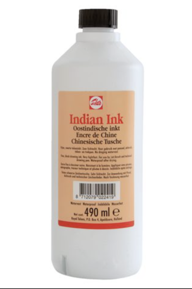 An image of the ink I use, the big bottle version: Talens, Indian Ink, East-Indian ink. 
