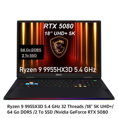 MSI Raider 18 HX (2025) – PC portable gamer Ryzen 9 9955X3D avec RTX 5080, 64 Go DDR5 et écran 18″ 5K UHD+ 120 Hz – InMedia