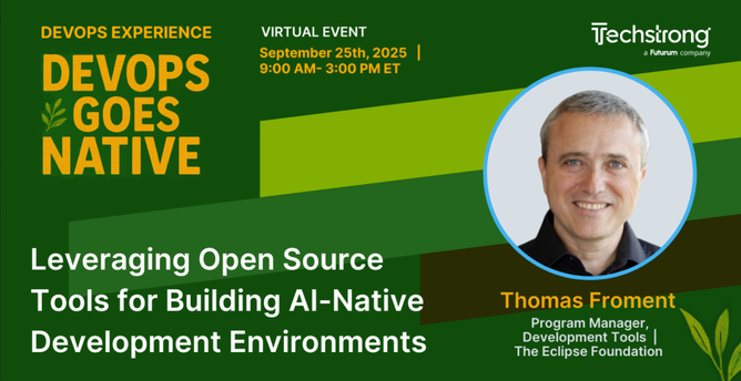 The title of the conference "Leveraging Open Source Tools for Building AI-Native Development Environments", and the picture of the speaker