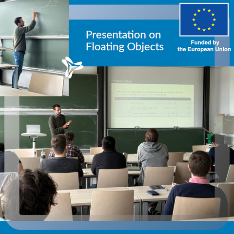 Two photos of Vicente presenting. In one he is writing on a board, in the other he talks next to a presentation slide with eight people from the audience visible, seated at tables.