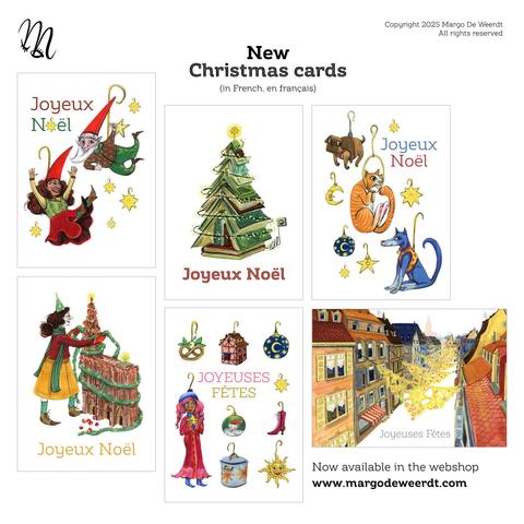 The image shows 5 new Christmas cards. The text in the image says “New Christmas cards (in French, en français) now available in the webshop www.margodeweerdt.com”