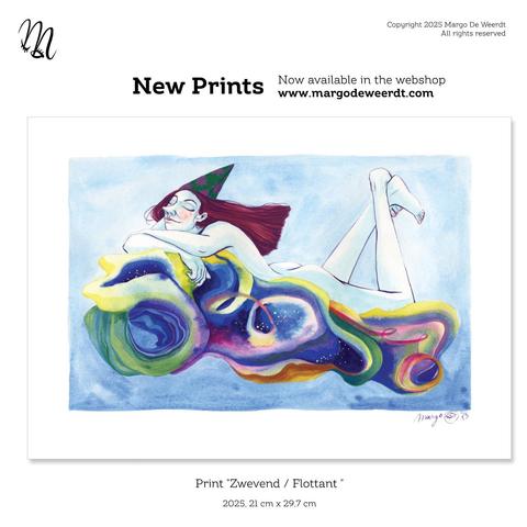 A lay-out with one of the new prints of my webhsop: "Zwevend / Flottant", 21 cm x 29,7 cm. It shows a witch floating on a space cloud full of colours and stars. The text in the image says “New prints now available in the webshop www.margodeweerdt.com”