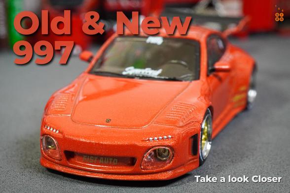 A close-up shot of Old & New 997, Red metallic by Tarmac Works in 1:64 scale with 1:64 figures on AREA 164