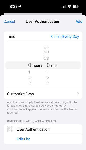 Screenshot of me about to add a 0 hours 0 minutes Screen Time limit to “User Authentication”
