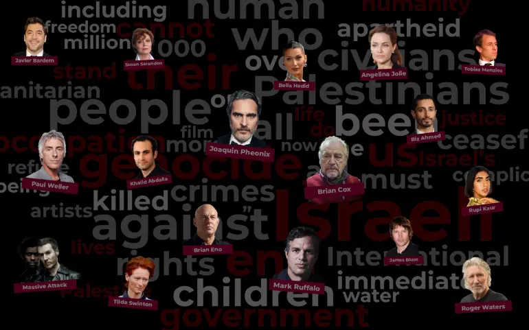 Montage showing faces of artists & actors in solidarity with Gaza.