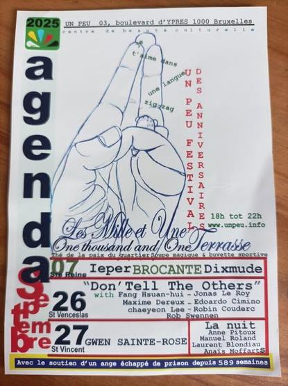 Flyer-agenda du lieu de concert alternatif bruxellois Un peu pour le mois de septembre 2025 - dessin au trait et typographie