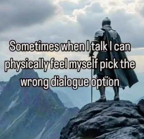 A meme showing a knight in full armor and a cape, standing on a rocky mountain peak and looking out at a vast, cloudy landscape. The text overlaid on the image reads, "Sometimes when I talk I can physically feel myself pick the wrong dialogue option."