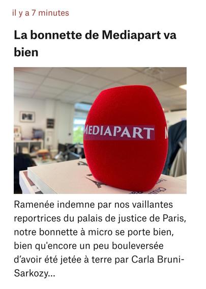 Photo article: La bonnette de Mediapart va
bien

Ramenée indemne par nos vaillantes
reportrices du palais de justice de Paris,
notre bonnette a micro se porte bien,
bien qu'encore un peu bouleversée
d'avoir été jetée a terre par Carla Bruni-
Sarkozy...
