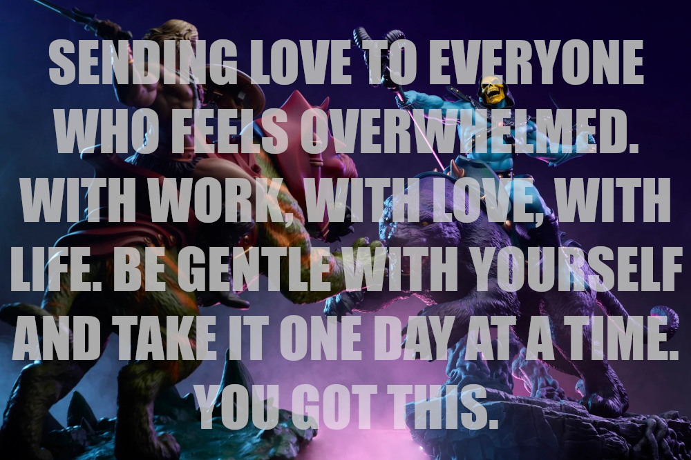 A motivational image featuring collectible action figures from the Masters of the Universe franchise. On the left, He-Man, the muscular hero with blond hair, wields his iconic Power Sword while riding Battle Cat, a large green tiger with orange stripes and red armor. On the right, Skeletor, the blue-skinned villain with a yellow skull face, raises his Havoc Staff while mounted on Panthor, a fierce purple panther. The two figures face each other in a dramatic standoff against a dark, glowing background of purples, blues, and pinks that gives the scene an otherworldly, battle-ready atmosphere. Overlaying the scene in bold white capital letters is a supportive message that reads: "SENDING LOVE TO EVERYONE WHO FEELS OVERWHELMED. WITH WORK, WITH LOVE, WITH LIFE. BE GENTLE WITH YOURSELF AND TAKE IT ONE DAY AT A TIME. YOU GOT THIS." The powerful, uplifting text contrasts with the dynamic battle imagery, reinforcing a message of encouragement and resilience.