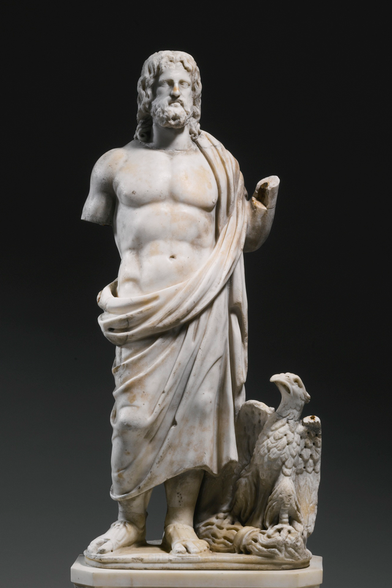 Marble sculpture of Zeus or Jupiter, standing, an eagle perched at his feet, the thunderbolt in its talons. The god is wearing a himation and is depicted as a mature, bearded man.