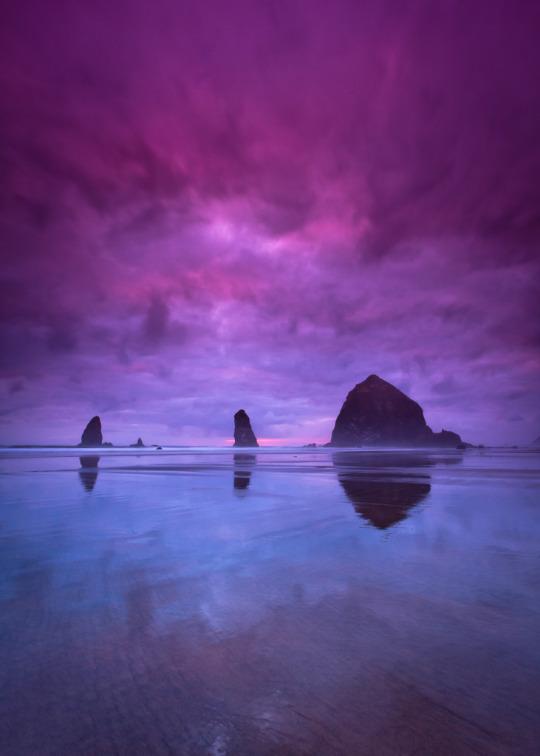 Purple skies & blue water.