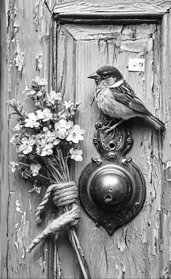 A B&W picture of a bird & a bunch of flowers on a peeling door.