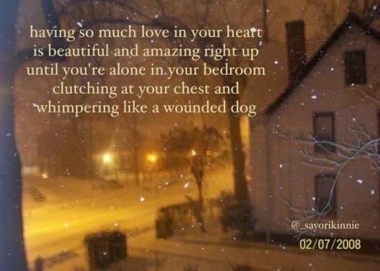 having so much love in your heart
is beautiful and amazing right up
until you're alone in your bedroom
clutching at your chest and
whimpering like a wounded dog