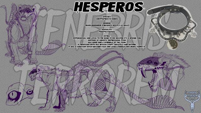 Reference sheet of a biomechanical, hexapod, fossa looking creature.