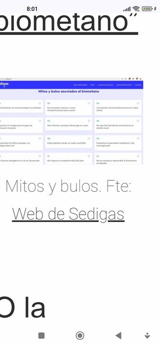 ejemplo una captura de pantalla de la campaña “ mitos y bulos asociados al biometano”
Web de Sedigas