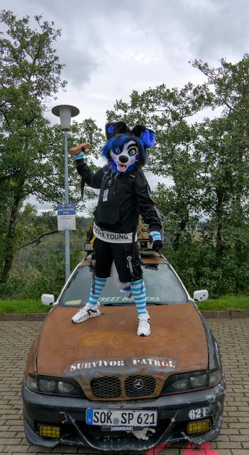 Canine Fursuiter mit blauen Markings und Techwear steht auf einer verrosteten Haube eines BMWs und hält einen Stein in einer werfenden Pose