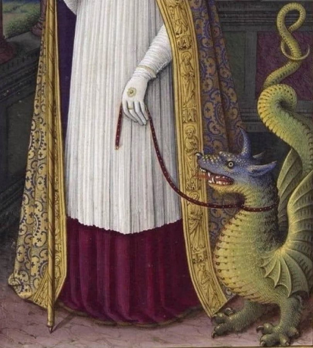 A detail from a medieval painting showing a person in ornate white, purple, and gold robes holding a thin red leash. On the leash is a small, tamed dragon-like creature with green scales, blue accents, and wings.