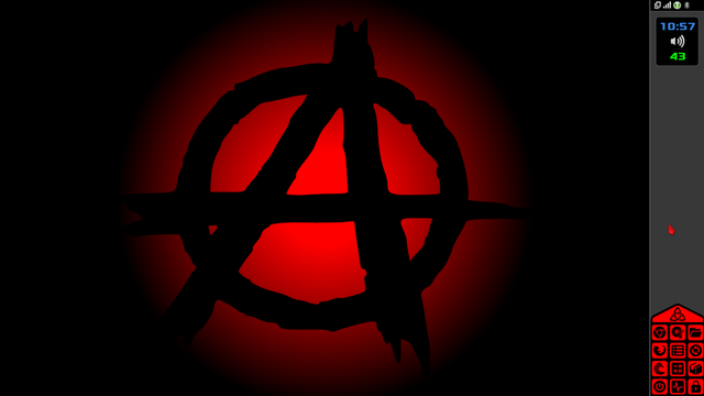 Fondo de pantalla en negro con un degradado circular hacia el rojo en el centro de la pantalla, y superpuesto el símbolo anarquista en negro. A la derecha un panel gris oscuro con los iconos en rojo sobre fondo negro, un reloj, el área de notificaciones, el sensor de temperatura y el control de volumen.