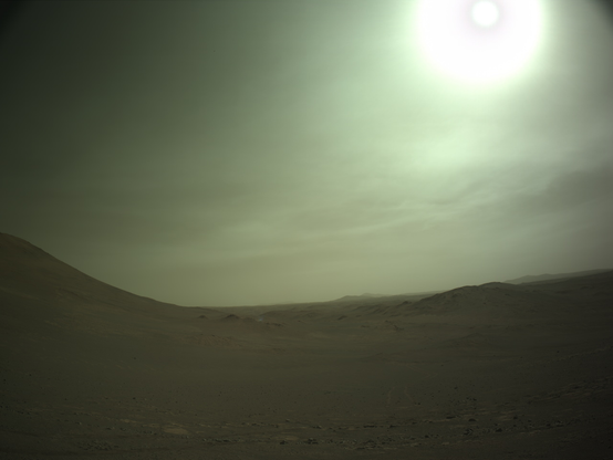 A Martian vista with clouds and sun.