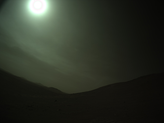 A Martian vista with clouds and sun.