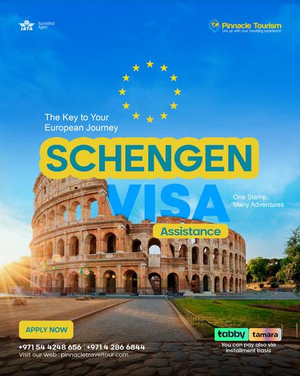 The Key to Your European Journey
One stamp, endless adventures across Europe’s breathtaking destinations.

✅ Schengen Visa Assistance
✅ Hassle-free processing
✅ Expert guidance
✅ Flexible payments with Tabby & Tamara

Your gateway to Europe starts here, apply today with Pinnacle Tourism!
Call/WhatsApp 📞 +971 54 424 8656 | pinnacletraveltour.com | https://bit.ly/PinnacleWP

#PinnacleTourism #SchengenVisa #EuropeTravel #VisaAssistance #TravelEurope #VisaSupport #TabbyTravel #TamaraTravel 