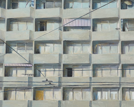A more-or-less 4x4 grid of apartment block units in a painting with three windows in each block with occasional variation such as awnings and a few powerlines going in various directions