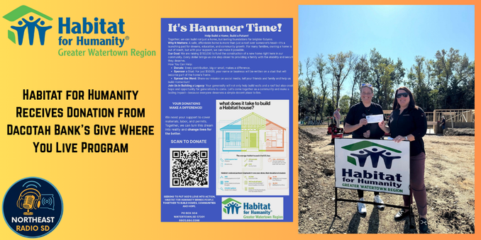Two people hold a donation check beside a Habitat for Humanity sign. Blue poster titled "It's Hammer Time!" in background, construction site visible.
