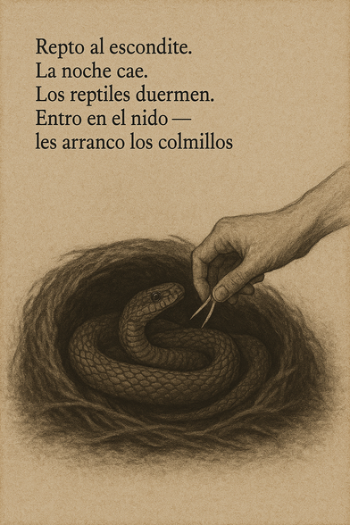 Repto al escondite.
La noche cae.
Los reptiles duermen.
Entro en el nido —
les arranco los colmillos.
