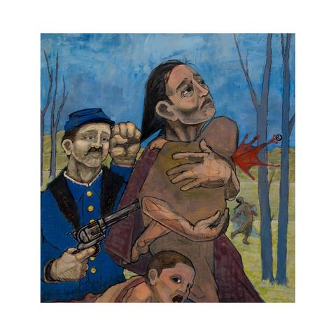 A somber painting depicts a uniformed man aiming a gun at a wounded person clutching a child. “The Women and Children,” a painting by Charles Her Many Horses for the Takuwe exhibition, 2018.