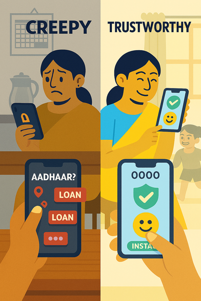 Split-screen showing two women using smartphones. The left side (“Creepy”) depicts a dark, tense setting with intrusive loan prompts and Aadhaar requests, while the right side (“Trustworthy”) shows a bright, friendly environment with secure icons and a happy emoticon, illustrating the difference between suspicious and safe digital experiences