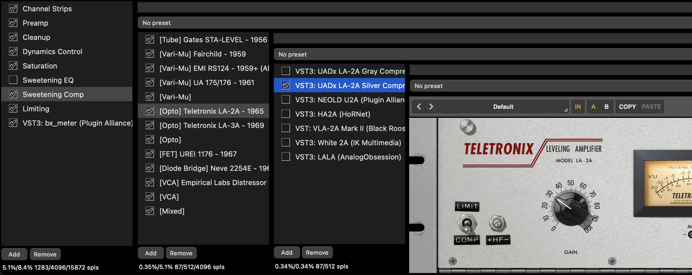 Started sorting a few audio plugins into a voice chain – and ended up sorting compressors by hardware topology/type a...