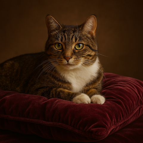 a kitty on a plush velvet pillow