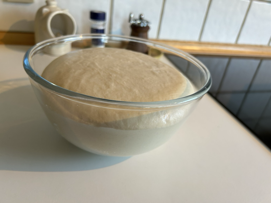 The glass bowl showing the bread dough doubled and ready for shaping and second proof