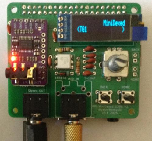 Photo of a custom PCB showing a small 32x128 OLED display (text on the display reads MiniDexed and TG1), a purple audio DAC module, a rotary encoder, two buttons, two TRS sockets, both with leads plugged in, and various passive components.  The board is Raspberry Pi HAT shaped and the 2 rows of 20 pins for the GPIO header can be seen at the top.