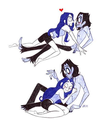 First image is Riley Sawyer getting frisky with a blushing Maury Frankenstein.
Second image is Riley cuddling up to him and resting her head on his chest, much to Maury's surprise.