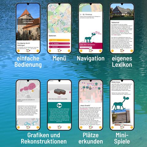 Screenshots aus verschiedenen Entdeckerpfaden zeigen den Funktionsumfang: 
einfache Bedienung
Menü
Navigation
eigenes Lexikon
Grafiken und Rekonstruktionen
Plätze erkunden
Mini-Spiele
