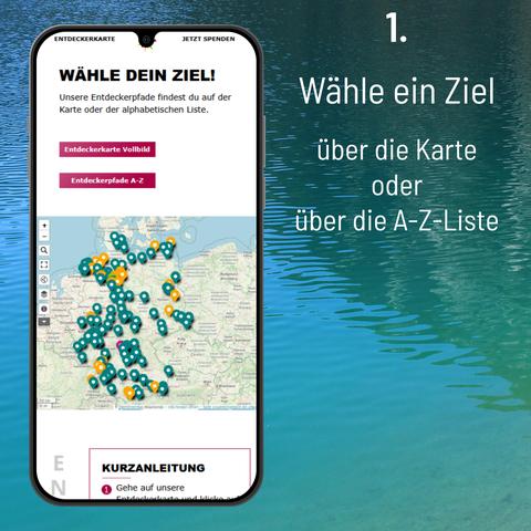 Screenshot unserer Webseite mit Text im Bild: 
1. Wähle ein Ziel über die Karte oder über die A-Z-Liste
